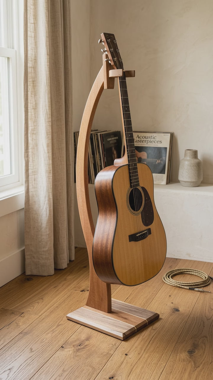 SOON AVAILABLE - TimberLens™ Handcrafted Solid Wood Guitar Stand with Hygrometer - Mahogany